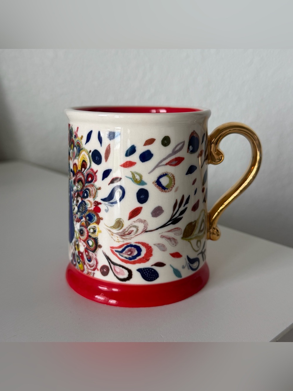 Anthropologie Starla Halfmann Peacock White Coffee Mug